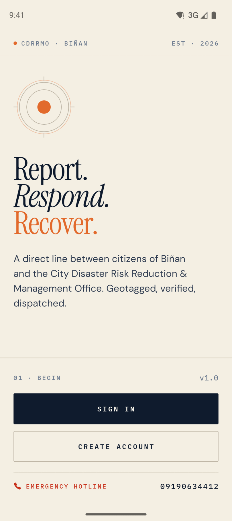 Citizen app welcome screen with sign-in and create account