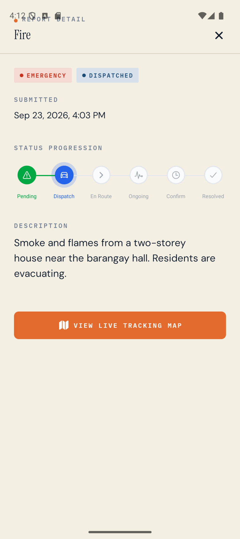 Report status progression with live map link