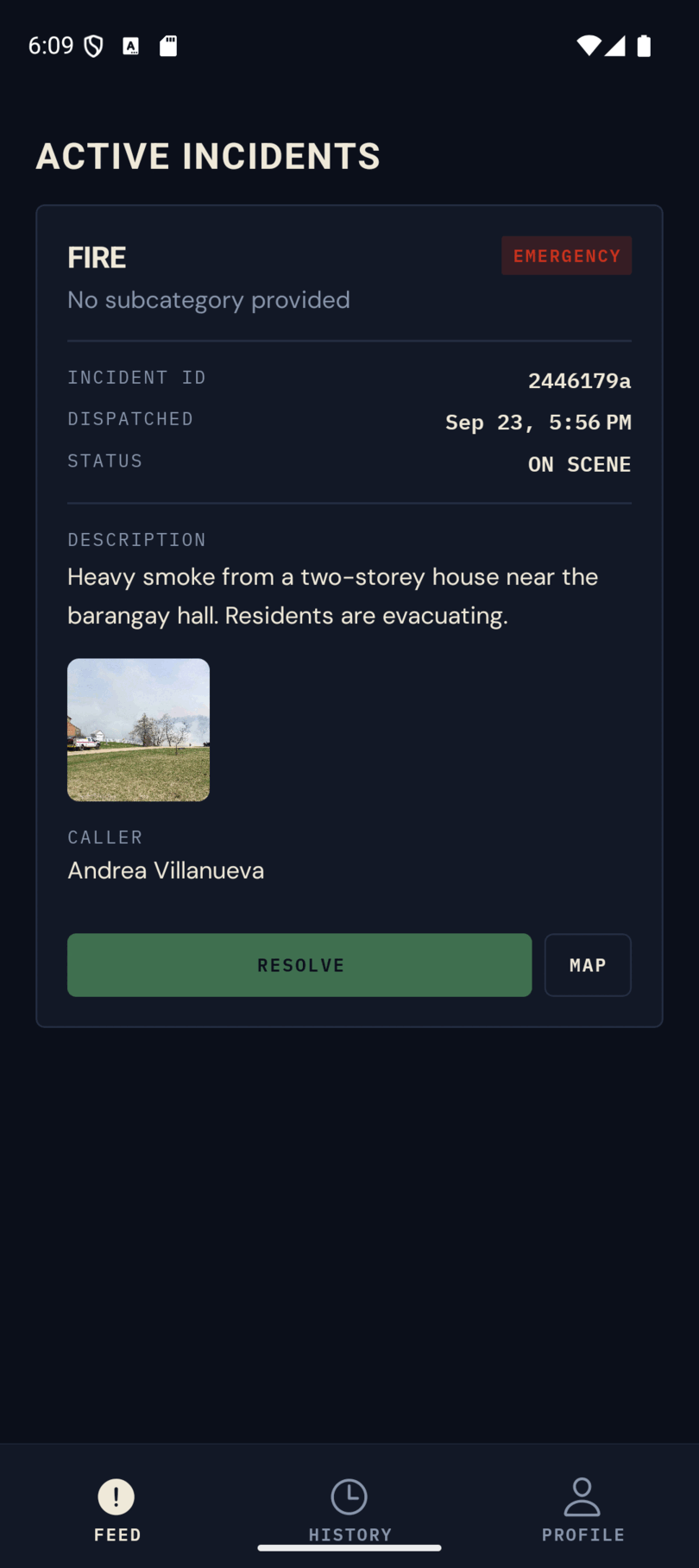 Assignment marked On Scene with a Resolve button