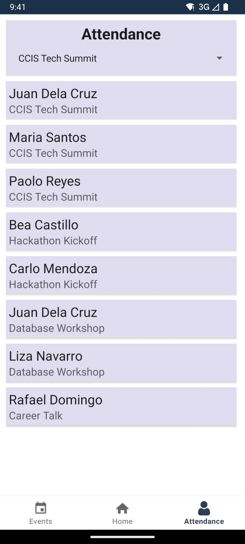 CCIS attendance list with event picker