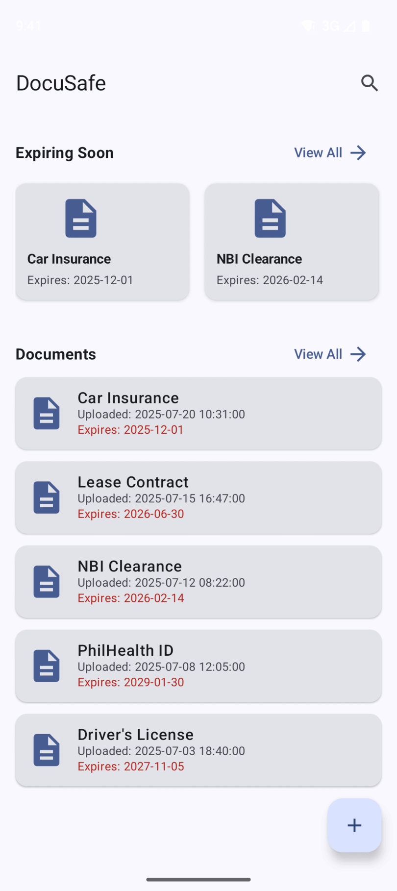 DocuSafe document dashboard