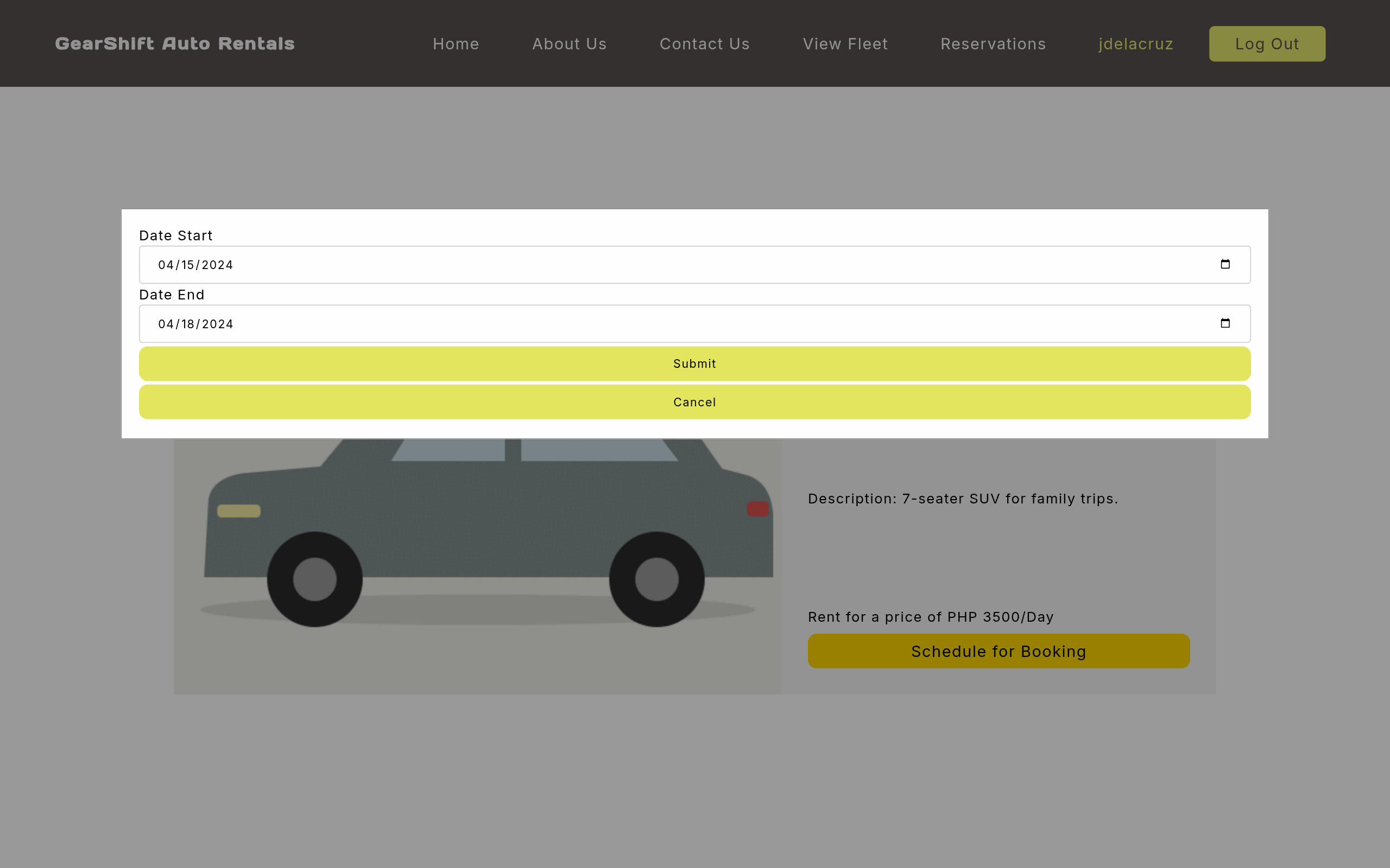 GearShift booking dialog with start and end dates