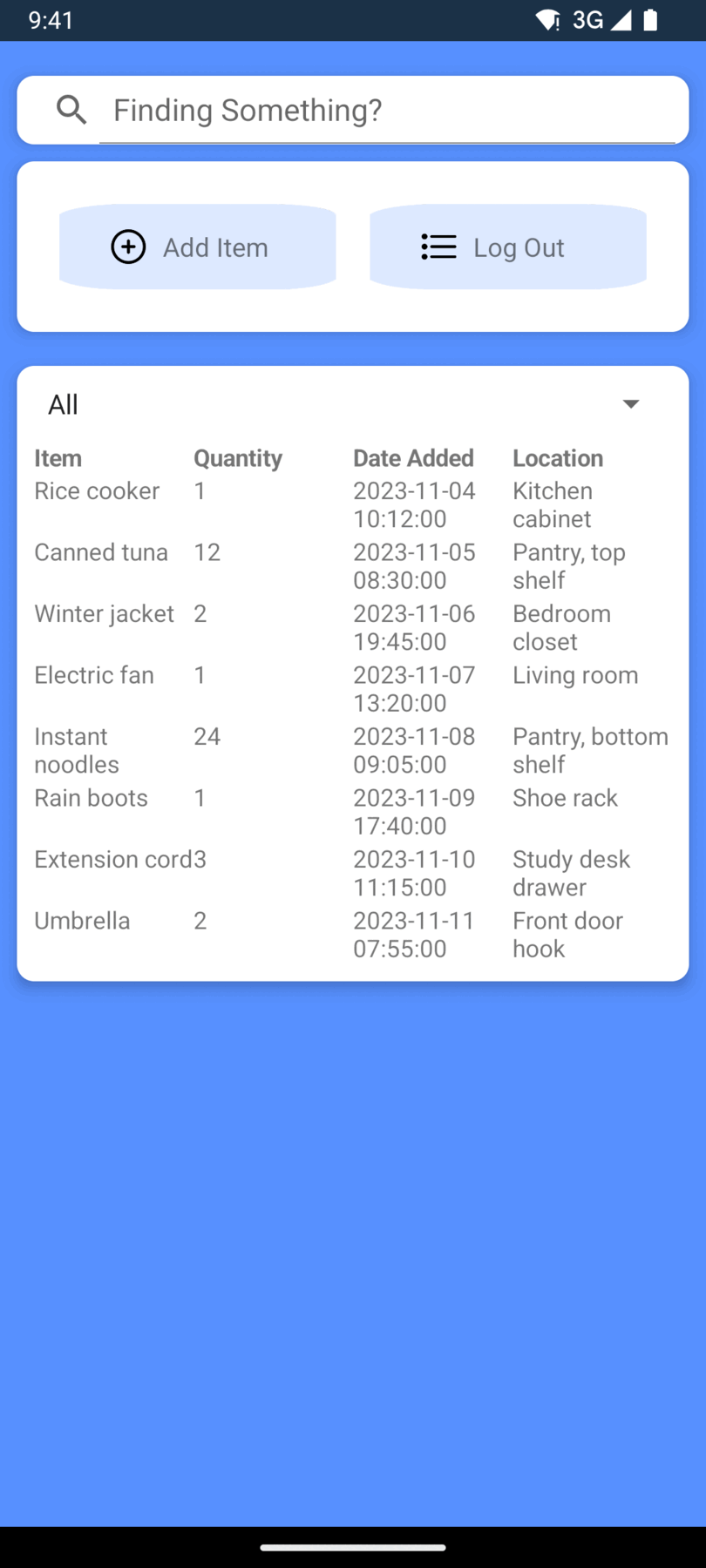 Inventory list with search and sort