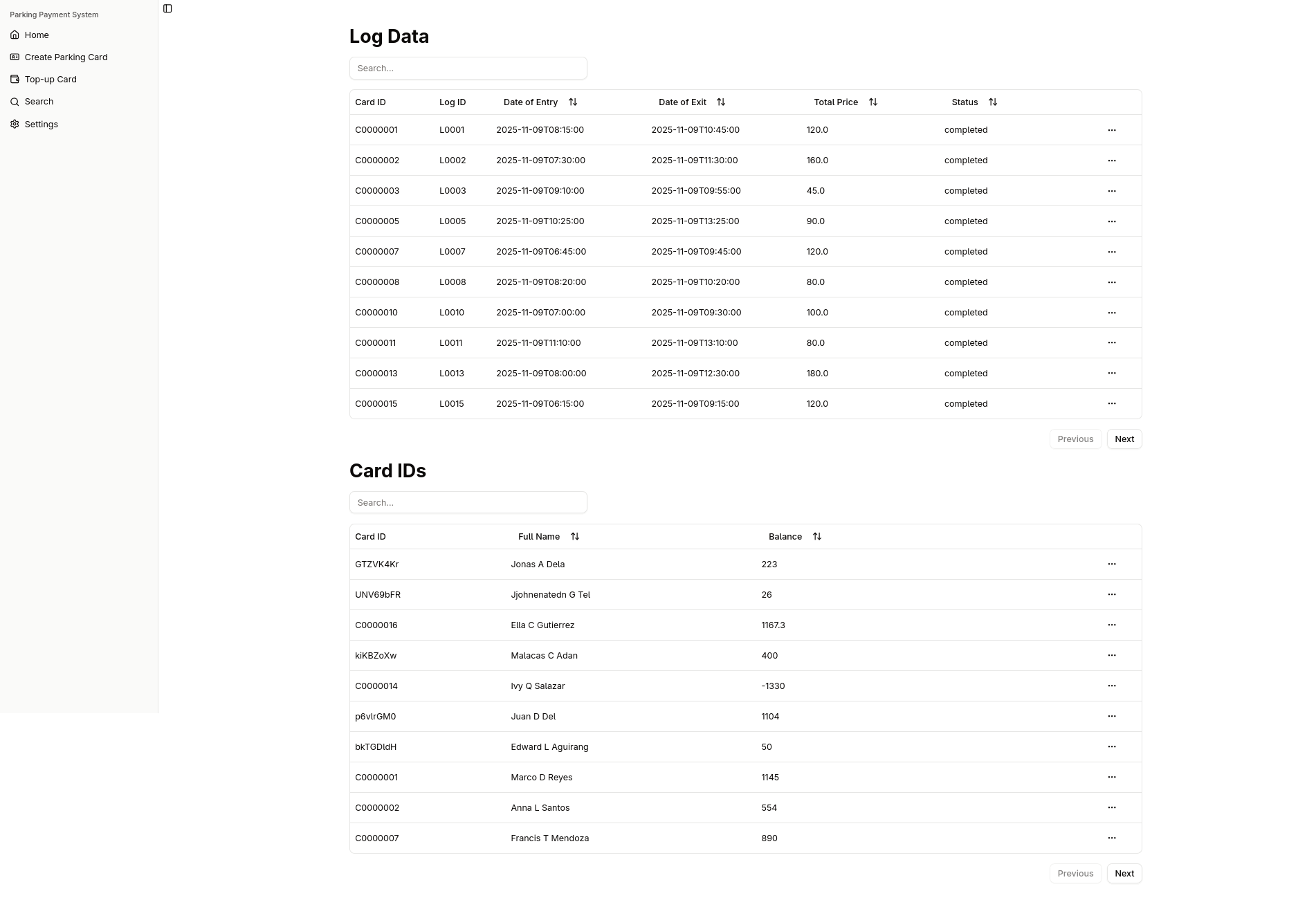 IoT dashboard cards and logs